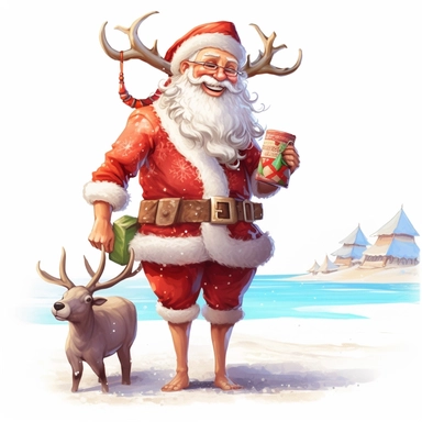 Beautiful Happy Face Santa Claus Dressing Beach Clothes Standing On Beach with his Reindeer Sublimation Clipart ,Cartoon,hyper realistic, intricate detail, illustration style,high solution,on the white background