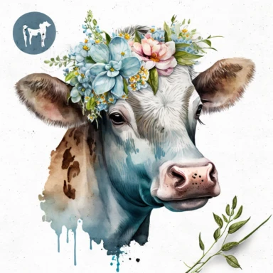 Watercolor a Cow and Flower om head Clipart Graphic