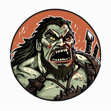orc god-king caricature Jason Momoa, Dungeons & Dragons Mad Max Game of Thrones, handpainted enamel, clipart illustration, circle white background, circular jagged powerful border
