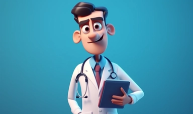 3d render. Doctor cartoon character with stethoscope and clipboard, looks at camera and gives advice, Clip art isolated on blue background, Professional consultation and recommendation