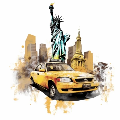 New York city clipart, taxi in front of Statue of Liberty, scrapbook style, textured, white background