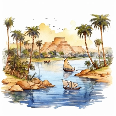 Watercolor Fantasy Ancient Egypt Nile river Clipart, white background