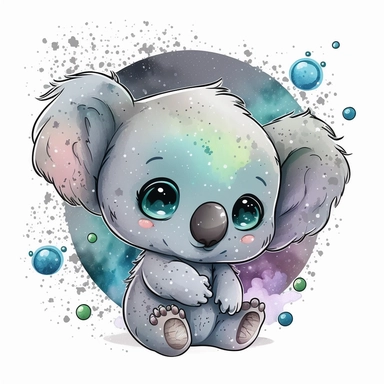 The most cutest cartoon baby koala with big open eyes, on a planet clipart, planets, watercolor, dream art, baby animals, vector art, children art, particles around the object, children cartoon, sticker art design, white background,