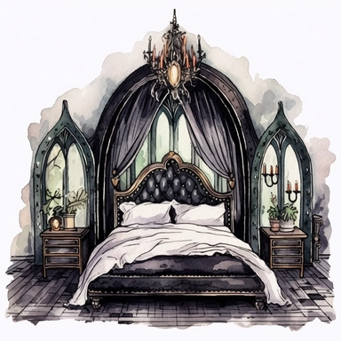 Gothic style bedroom furniture with watercolor effect, suitable for digital clipart, white background, gothic scene, gothic colors, gothic tools, gothic roses, skull, dark scene