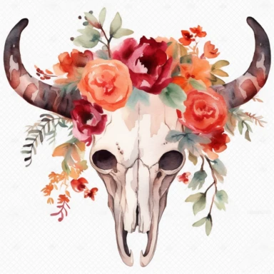 longhorn skull bull a lot of hot red boho flowers watercolor clipart