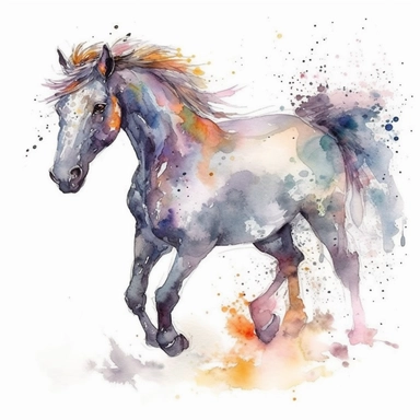digital clipart, solid white background, a gray mythical watercolor unicorn galloping