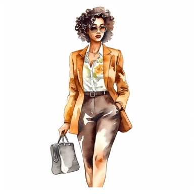 watercolor style, african american lady boss in fashion chic clothes, perfect look, classic colors, expressing self-confidence and empowerment. clipart, isolated on white background, hd