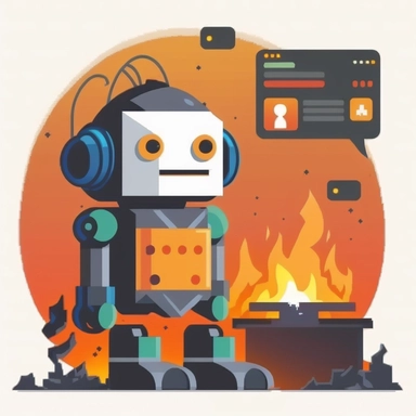 Create a chatbot robot with an angry face on the screen wearing headphones that communicates with a human. The robot should look forward. The robot should be drawn in vector clipart graphics. The robot must consist of rectangles with rounded edges. The picture must show a person sitting in front of the robot at the computer. Use bright, contrasting colours for the robot: yellow, red, white, black. The picture should have a blue background.