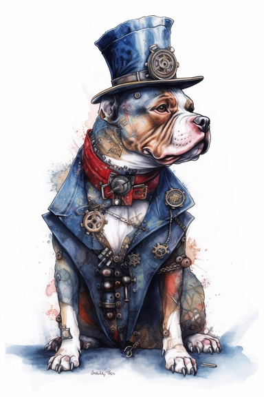 prototype steampunk american bully, full body, watercolor, gears, sprockets, guages, clocks, rivets, top hat, clipart, duo tone red and blue, realistic, ultra resolution, vivid details, 8k, watercolors minimal, white background