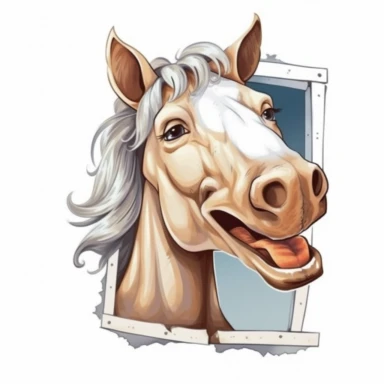 Cute Beautiful Happy Face Funny Horse Outside The Window Sublimation Clipart, Cartoon, hyper realistic, intricate detail, illustration style, high solution, on the white background