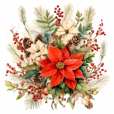 Poinsettia (Euphorbia pulcherrima) arch with Evergreen foliage, Berries and pine cones. Holly (Ilex spp.), watercolor hand painting by Hayao Miyazaki ultra detail, 8k megapixel a careful touch white background for clipart