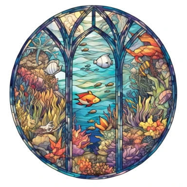 An octagonal stained glass window clipart, showing an underwater scene with colorful coral reefs and exotic marine life, rendered in tropical hues. Rendered in a hand-drawn, watercolor style with a white background for easy cutting.
