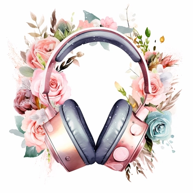 ! Watercolour rose gold and pastel detailed 3d gaming headset, surrounded by beautiful roses and Swarovski crystals and diamonds, svg clipart style, solid white background, clipart element, clipart style highly detailed beautiful