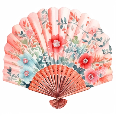 a cute one Japanese Folding Fan , decorate with japanese motifs ,watercolor Sublimation graphics, hand drawn illustration by katie daisy, Watercolor clipart, single design, single object, print on demand image, PNG transparent background, white background for removing background - - no text shadow font watermark, 8k
