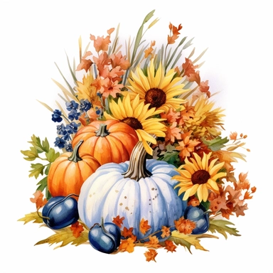 hyperrealism painting, variety flowers , pumpkin floral bouquet , white background, watercolor style, farmhouse chic, tempera clipart
