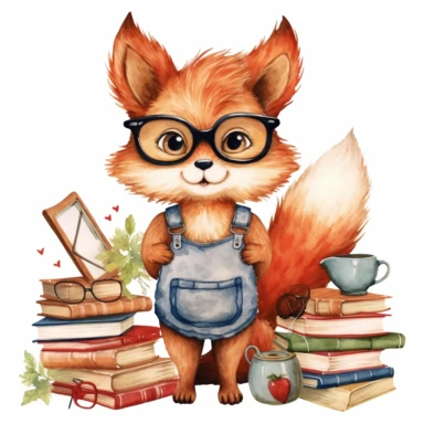 Back to School watercolor clipart, kawaii cute student animals, Fox teacher, animals graphics, School stationery png, School Supplies Clip art , natural color , white background