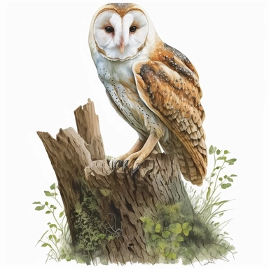 water colour barn owl standing on a tree stump clip art white background