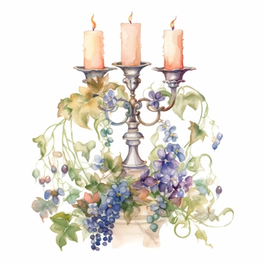 water color, one, 1, old Victorian candle holder covered in vines and flowers, late night, in a cottagecore style, white background, clipart style