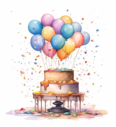 cake, balloons, and cake clipart, in the style of stephanie pui-mun law, drippy paint splatters, helen allingham, instax, joyful celebration of nature, ink-washed, festive atmosphere
