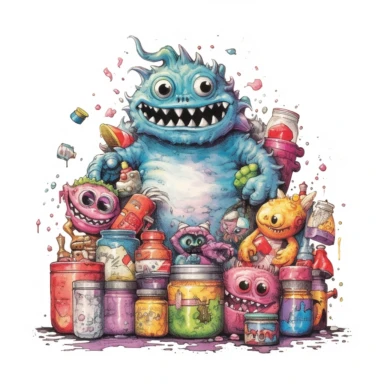 retro vintage antique horror kawaii single monster clipart surrounded by a white background, rotten, ben templesmith, lisa frank, frank frazetta, richard scarry, clean border, white background