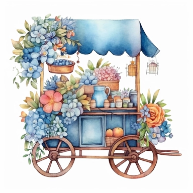 free watercolor and flower cart clipart, free png files, in the style of claudia tremblay, candycore, light azure and bronze, uhd image, caffenol developing, kris kuksi, toyen