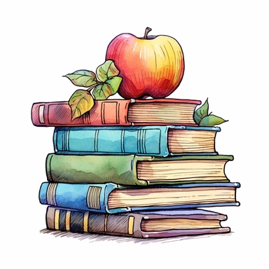 a stack of school books, apple on top, maple leaf, style by Lusy Fleming, folk art, watercolor, clipart elements, smooth gradients, black contour outline, ultra detailed, white background, super clear, high quality 6