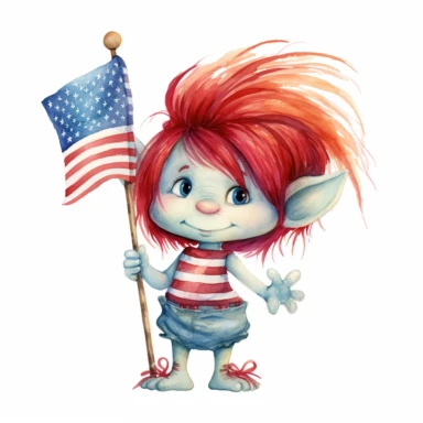 a watercolor, cute troll, hair standing up, red hair, little nose, precious moments, adorable, holding usa flag in hand, summer, clip art, contrasting colors, white background.