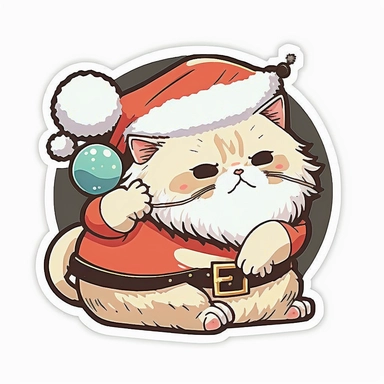 vector sticker design, anime style, unique Christmas cute cat playing with santa clipart, white background, flat colors