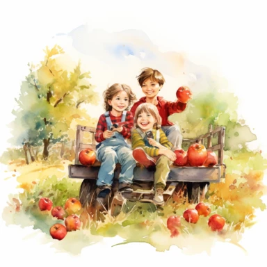 watercolor apple orchard clipart, children on a hay-ride through apple orchard, white backround