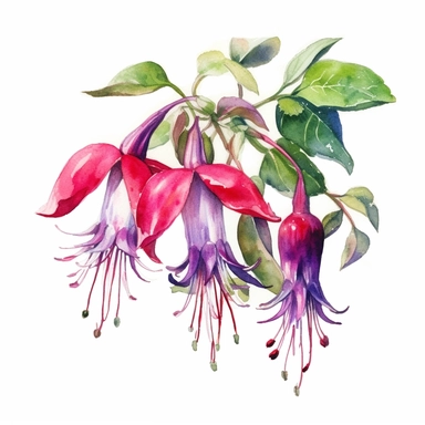 a watercolour painting of a fuchsia flower, in the style of uhd image, dansaekhwa, traditional, flourishing botanicals, exotic, white background, colorful, antique clipart, vibrant intense colors