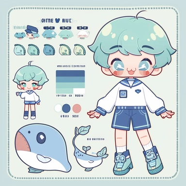 character sheet,knoling,clipart,belongings catalog, cute chibi character, long pale blue-green hair, long bangs, blue-green eyes, flat chest, beautiful young boy, sailor, blue shorts, dark blue socks, whale, cream soda, sandwich