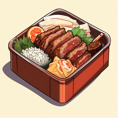 create a delicious bento box full of delicious beef ribs and rice, hot food, aesthetic, no background, high quality clipart style
