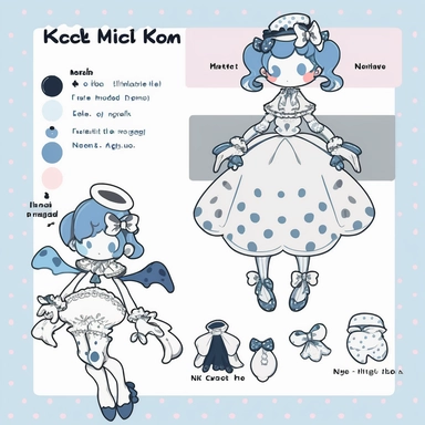 character sheet,knoling,clipart,property catalog, cute little character, delicate illustration, marionette, angel, beautiful girl, white gloves, polka dot white dress and lace, frill, dot ribbon, beautiful light, white light, cobalt poison dart frog, octopus