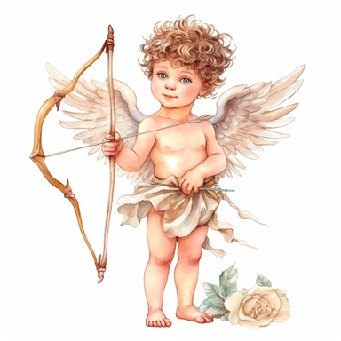 Fantasy Style Ancient Roman style Young Cute Boy Cupid God holding arrow and bow with watercolor effect,beautiful white little wings,suitable for digital clipart,white background,Mythologic Scene,Ancient roman fashion