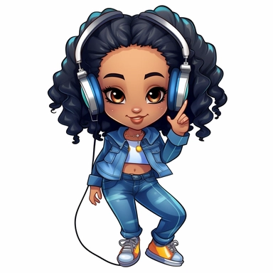 hip hop girl, wearing headphones, high heels, blue jeans, Coiled Bun, clipart, transparent, wearing jewelry, clip art, as a Inspired Chibi and Kawaii Style