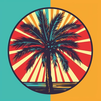 palm tree with sun in background, red green and yellow, vector art, in the style of pop art, clipart, white background, rounded corners