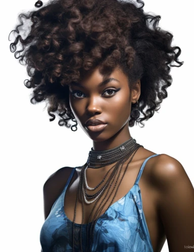 hasselblad 24 mm full body shot of a gorgeous african american woman with blue eyes, clipart, Composition: Relaxed position with intricate high hairstyle, smiling, detailed natural skin, Style: Nu-Goth, white background, hyperrealism, 32k