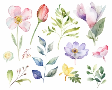 watercolor flower clip art for april, in the style of dreamlike composition, white background, ethereal foliage, show only one foliage, luxurious fabrics, pictorial dreams, use of bright colors, poetic pastoral scenes