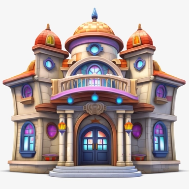 3D symmetrical beaux arts game cartoon clipart facade one-story building, house asset front-facing front profile view, old cartoon towntoown style building, european, deco-pop, disney colors, with a touch of modern influences and slight sci fi details dep