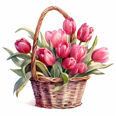 watercolor clipart of hot pink tulips in a basket, in the style of uhd image, high detailed, stock photo, colorful realism, ornate still lifes, isolated on flat white background, no shadow