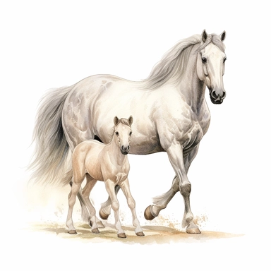 andalusian horse and foal watercolour painting realistic yet stylized, digitally enhanced, clipart, 32k uhd, detailed crosshatching white background