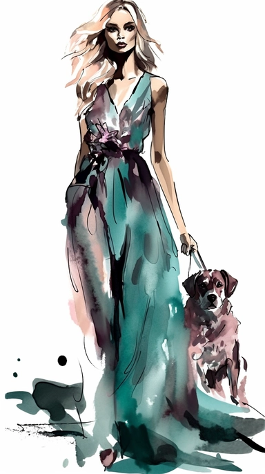 cute young high fashion woman wearing a Halston gown, walking her adorable little dog, vector clipart alcohol ink