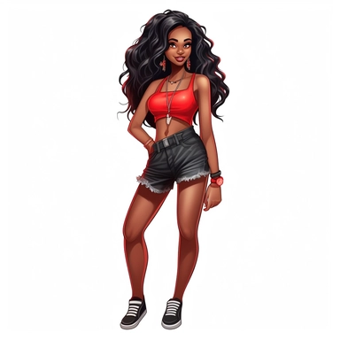 beautiful black teenage girl with beautiful flowing mid-length hair, dressed casually. Full perspective and, long shot A young black woman with full lips and a big beautiful smile, dressed in black shorts and a red tank top, has mid-length flowing hair and beautiful shapely legs, wearing heels, clipart in the style of digital airbrushing, feminine sticker art, dollcore, realistic face, realistic body, glamorous,