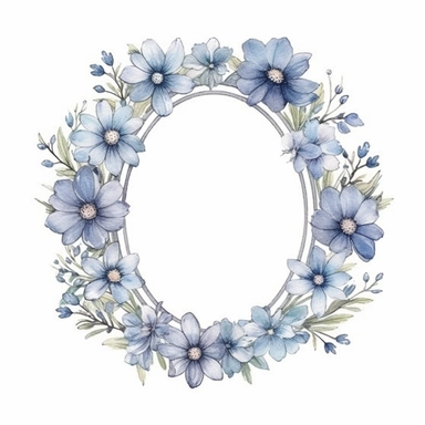 watercolor clipart of a empty suttle dainty floral oval frame surrounded by dusty blue color flowers. Capture the essence of blooming beauty and intricate details in your artwork, white background