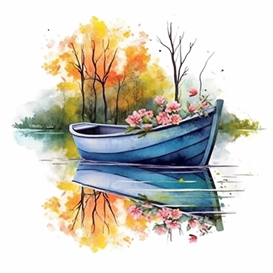 clipart, isolated on white background, Watercolor spring boat in the lake, miricle morning, colorful flowers and branches and leaves, ornated, vivid and vibrant and saturated colors