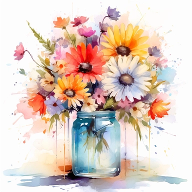 watercolor vase of flowers flowers in the jar, decent pastel colours, in the style of bess hamiti, uhd image, mark arian, aesthetic, willem haenraets, colorful cartoon, high resolution, on white background, clipart