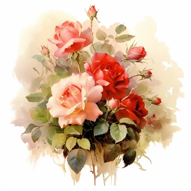 watercolor by Anders Zorn of pink and red flower roses and leaves bouquet with floral detail, clipart, red and beige, booru, uhd image, pastoral charm, free brushwork