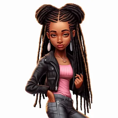 black chibi women incarnate in a 3d, Mesmerizing gaze, black girl dreadlock, american college fashion black clipart, black magic girl