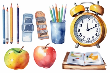 Watercolor School Clipart, Classroom Graphic, Teacher's Day, back-to-school kit, a paper lunch bag, a bicolor eraser, a gray sharpener, a paper clip, alarm clock showing 6 o'clock, a ruler, a set square, a juice small package with a straw, a school marker, in the style of minimalist illustrator, child drawing, white background, high resolution,