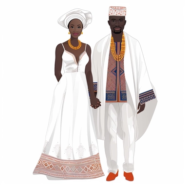 Create a cultural clipart of a wedding couple very in love and close that represents [nigerian women in a stunning wedding dress] and [french man in suit